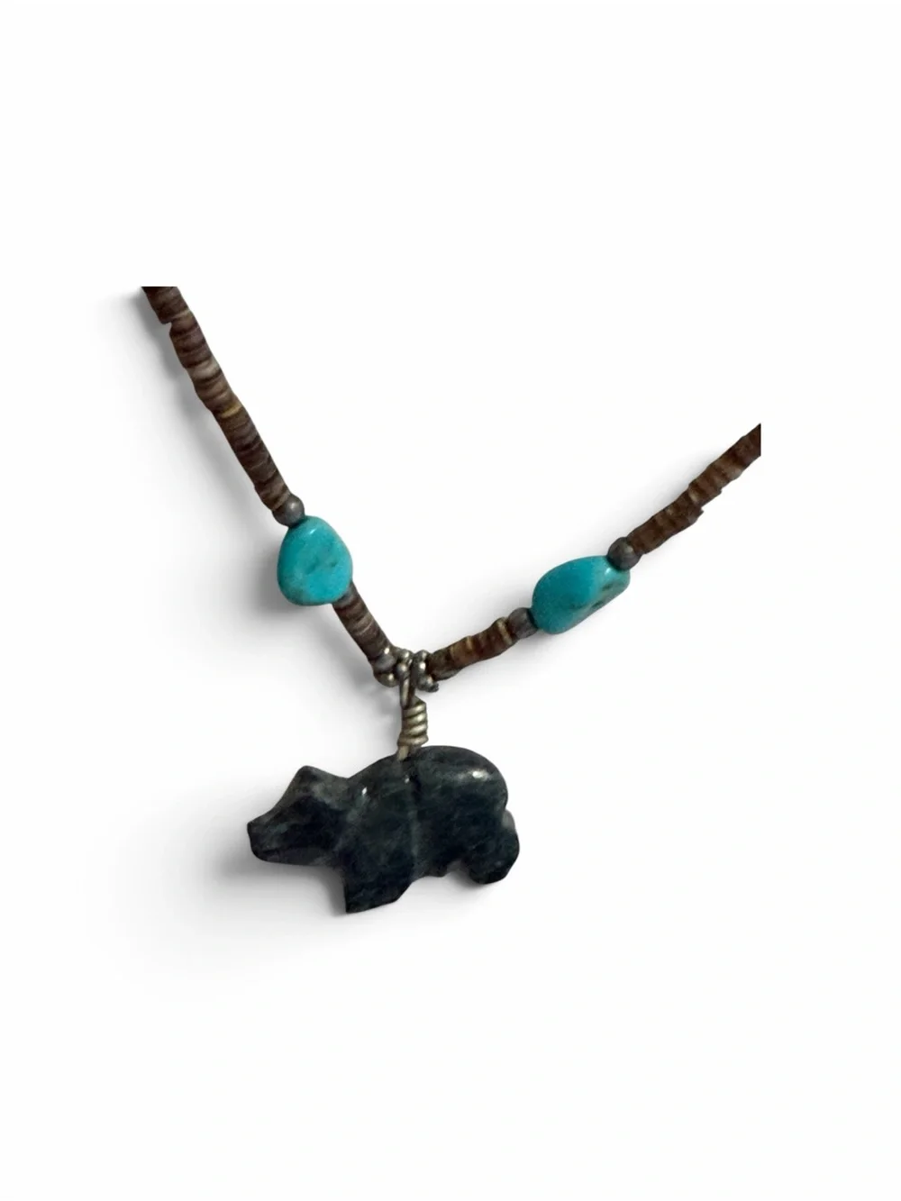 Vintage Turquoise & Dark Stone Bear Pendant Necklace - Women Jewelry